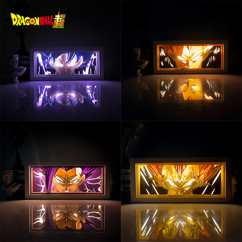 Collection de boîtes à lumière animées mettant en vedette des héros de Dragon Ball, parfaite pour les fans d’anime.